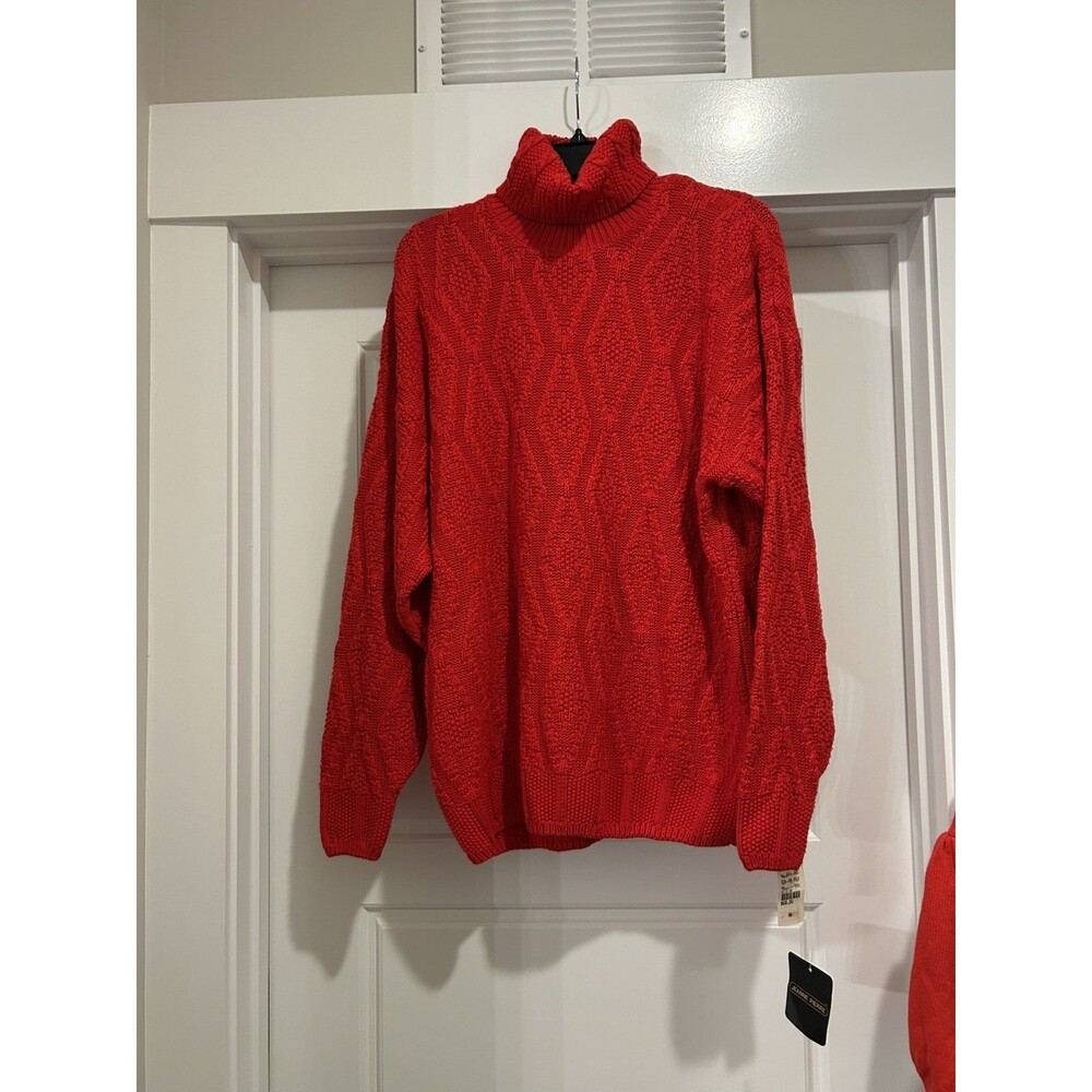 New Vtge Turtleneck Sweater Sz Large Red Chunky Cable Knit Long Sleeve Cotton